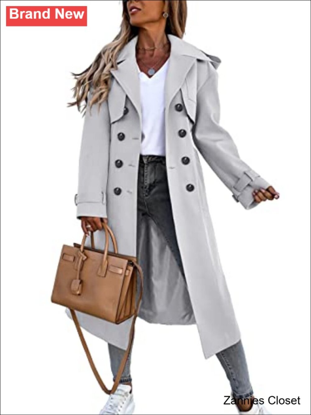 ✨Fisoew Women's Long Trench Coat Double Breasted Windproof Classic Overcoat